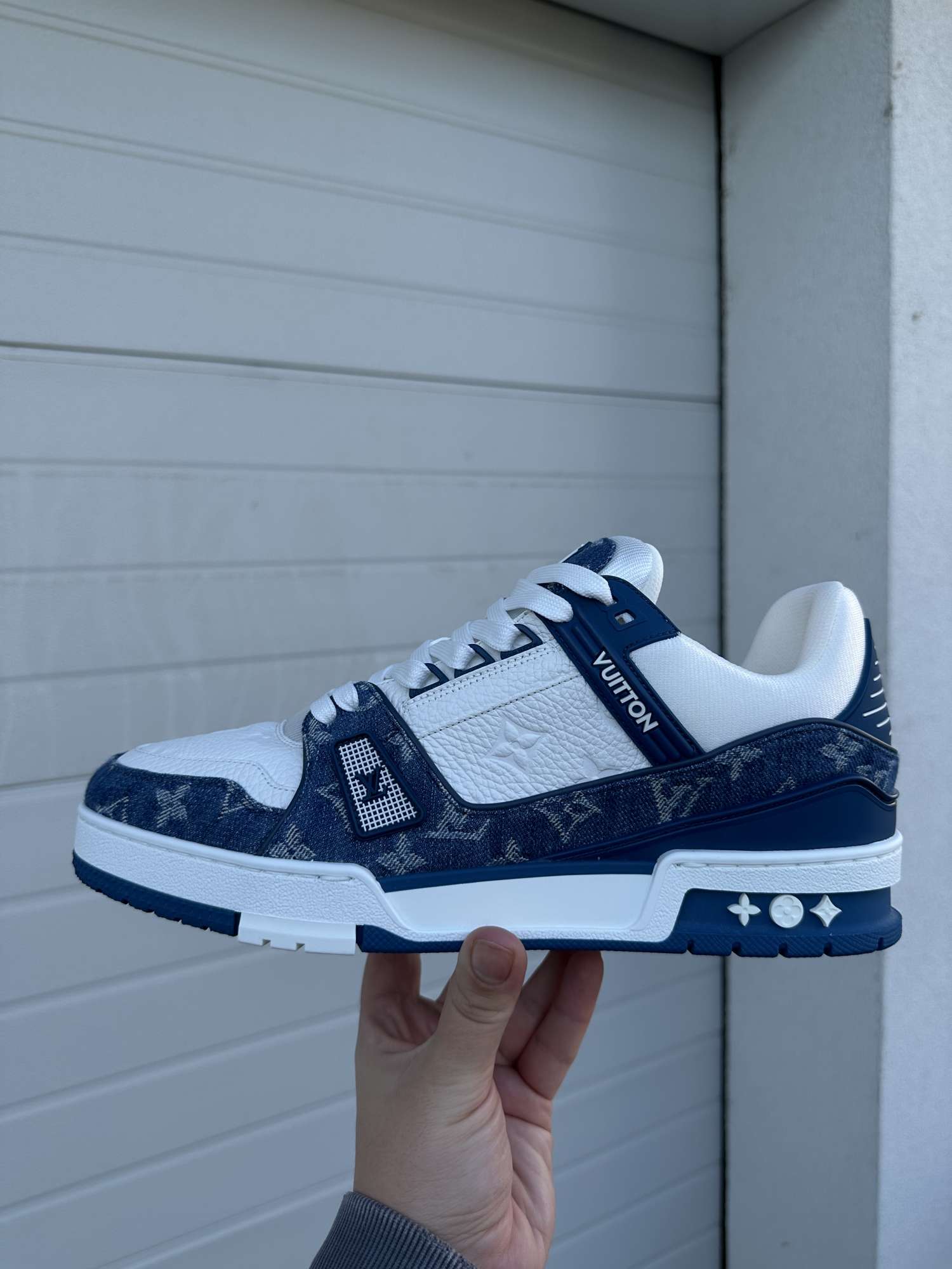 Louis Vuitton monogram denim trainer blue white uk 8