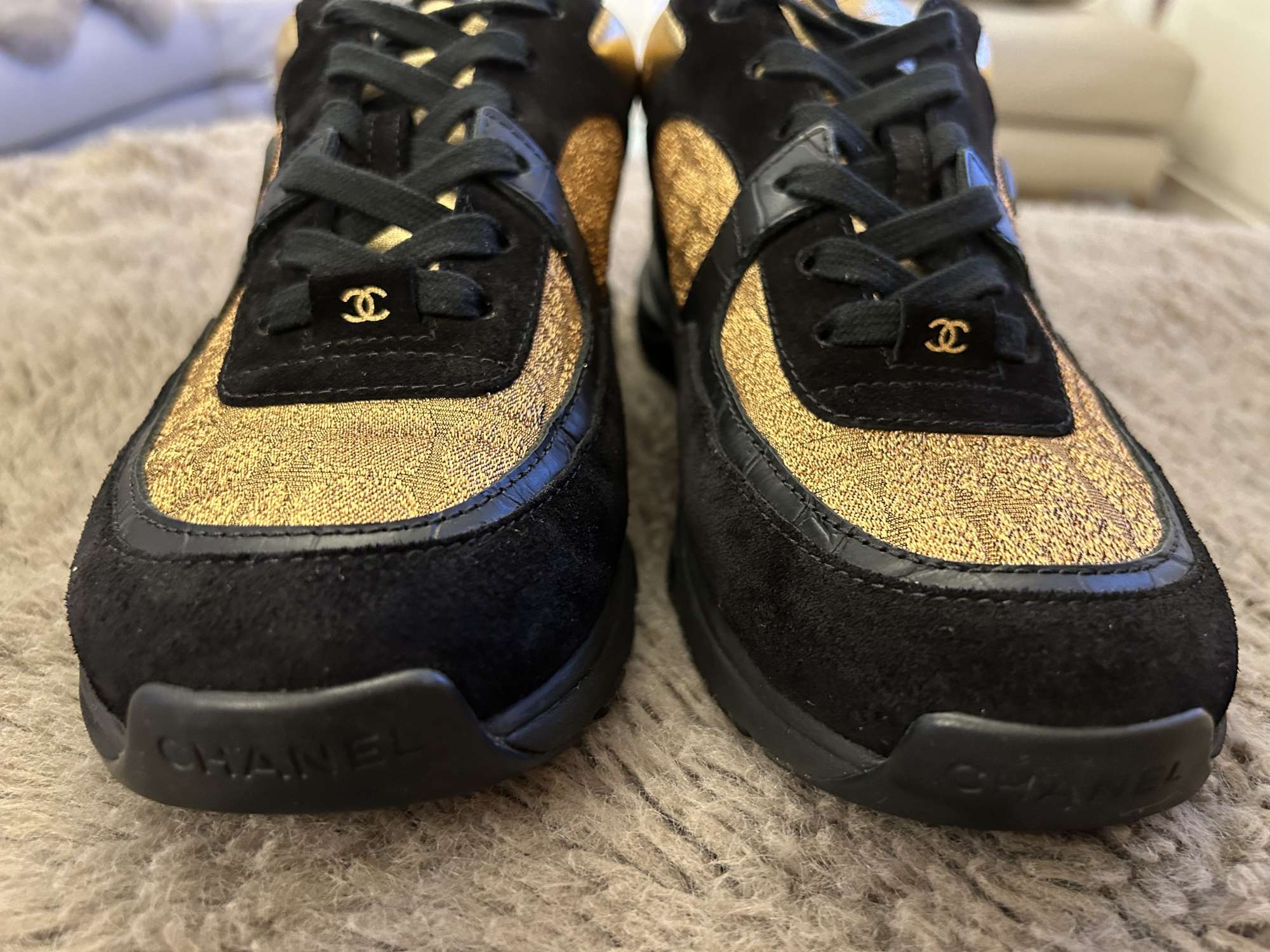 CHANEL Black/Gold Suede and Leather CC Low Top Sneakers