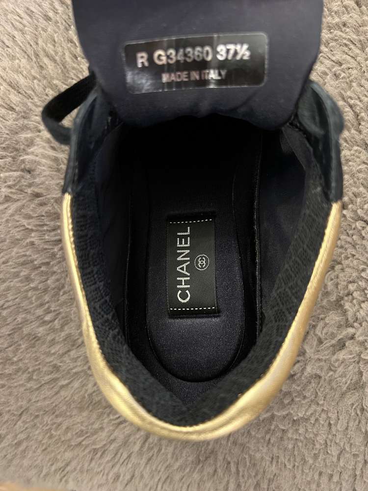 CHANEL Black/Gold Suede and Leather CC Low Top Sneakers