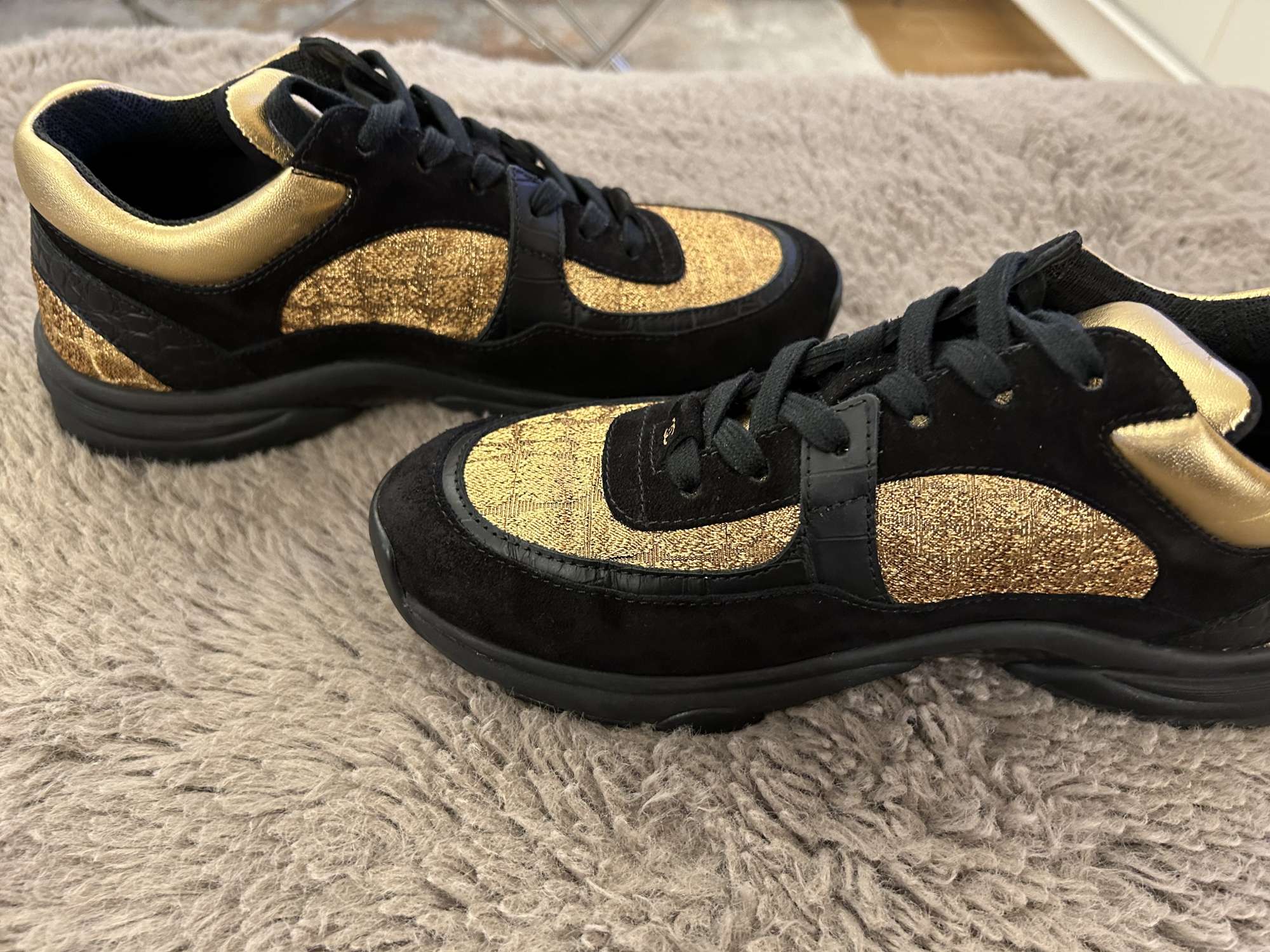 CHANEL Black/Gold Suede and Leather CC Low Top Sneakers