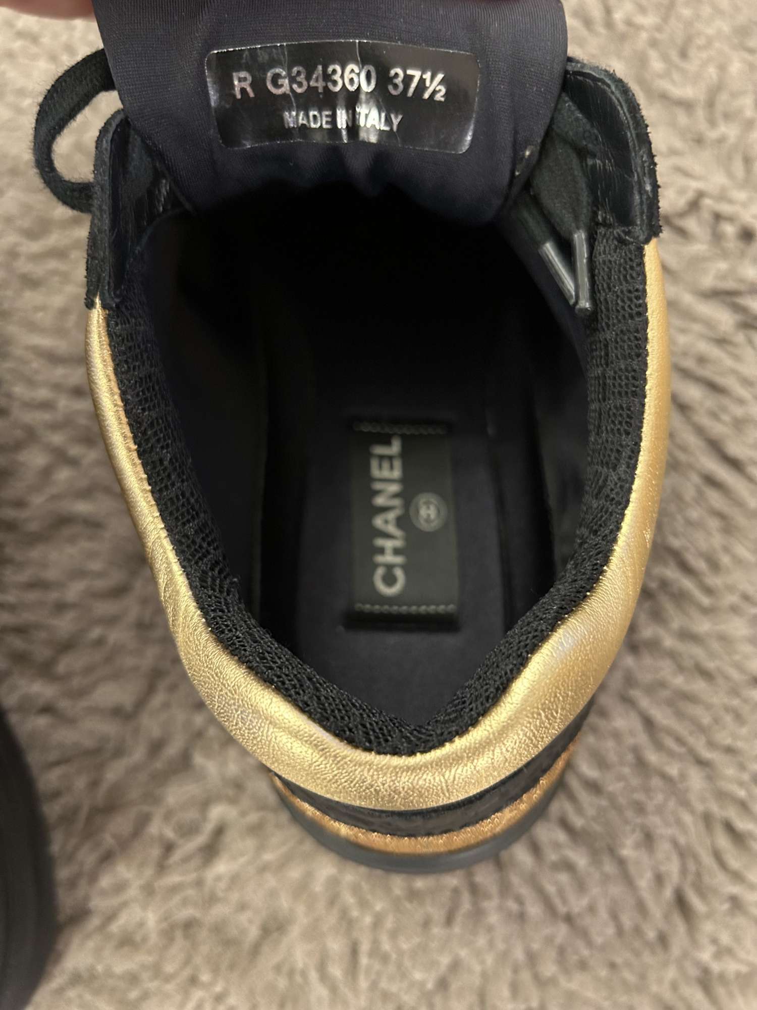 CHANEL Black/Gold Suede and Leather CC Low Top Sneakers