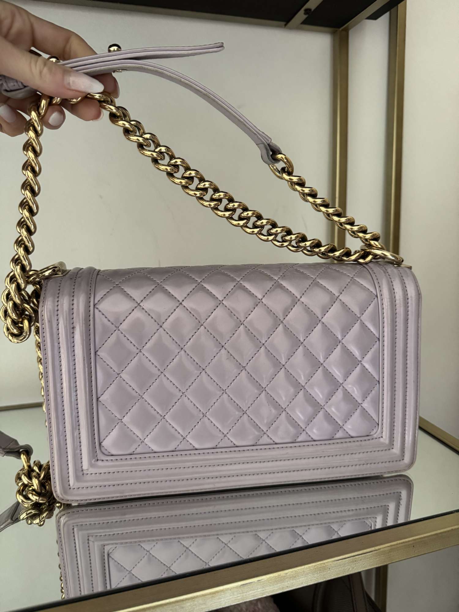 Chanel Purple Quitlted patent leather old medium boy bag