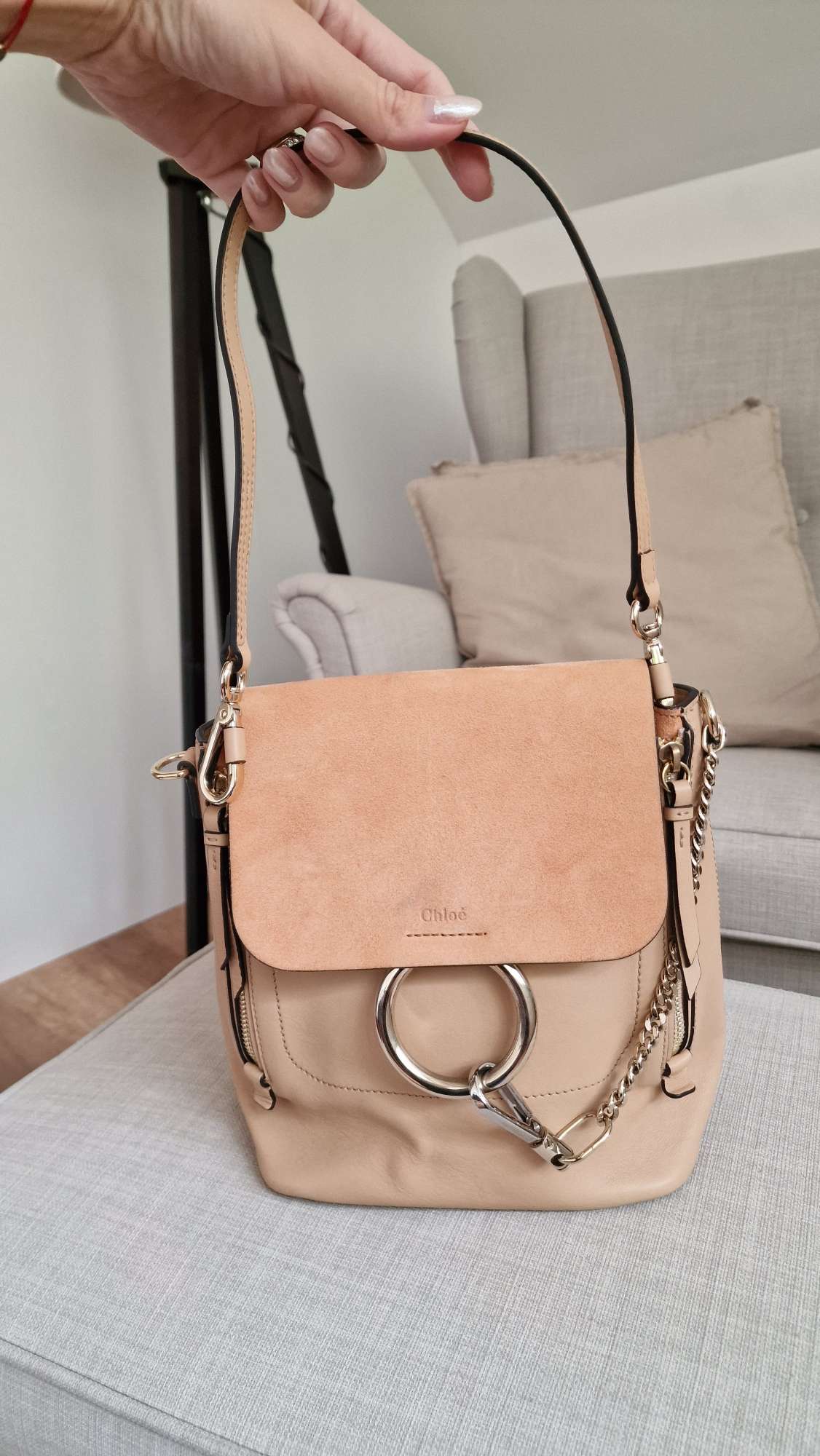 Chloe Faye small Calfskin & suede Backpack beige