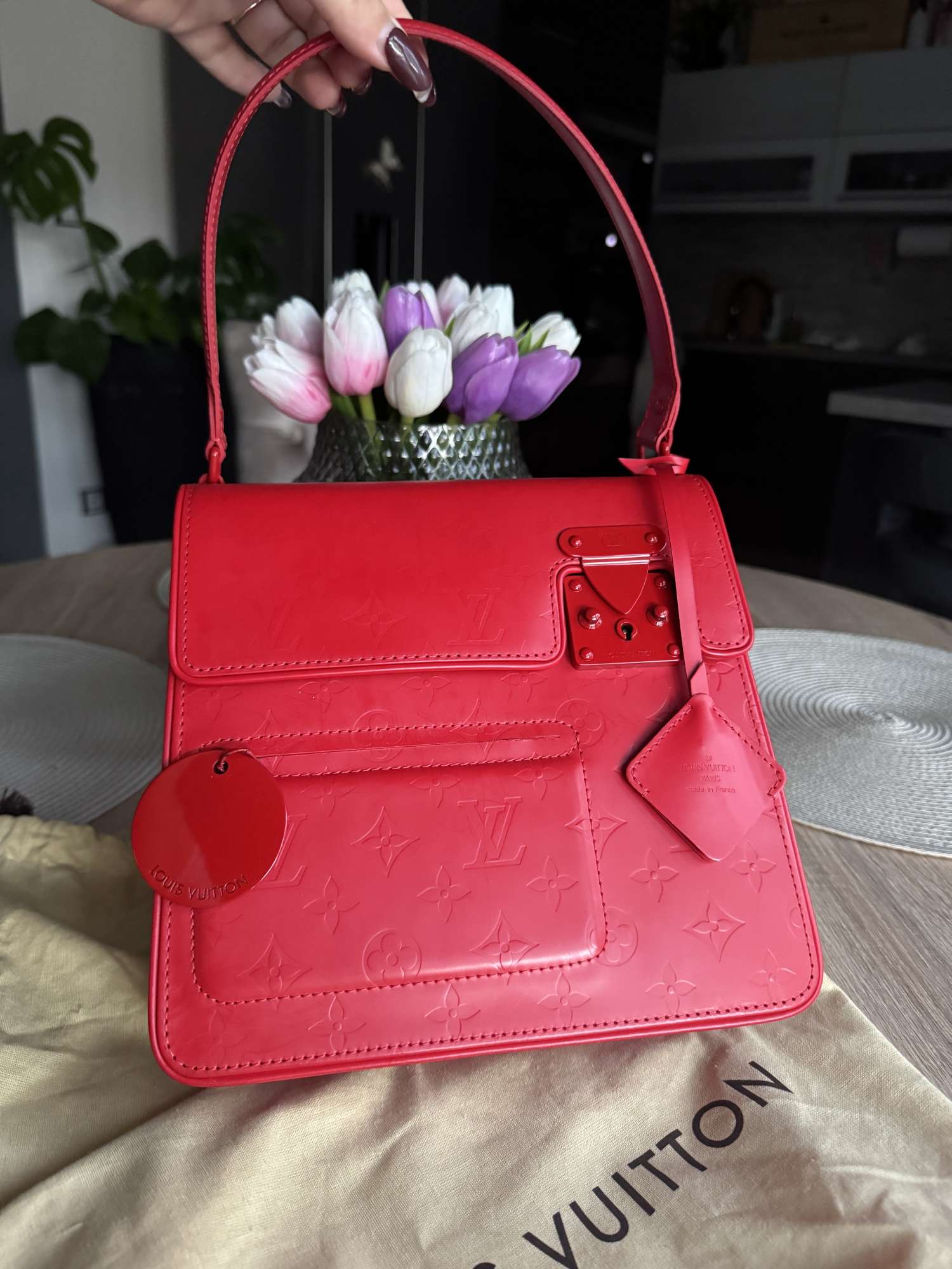 Louis Vuitton red monogram op art squary