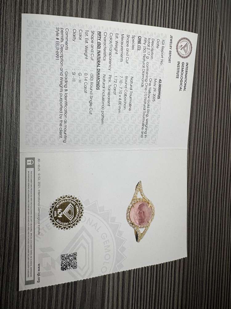 Zlatý prsteň 14k prírodný ružový turmalín 1.72 ct + diamanty