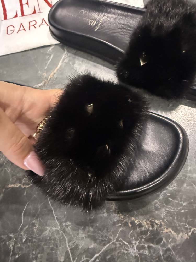 Valentino Black Fur Rockstud Flat Slides