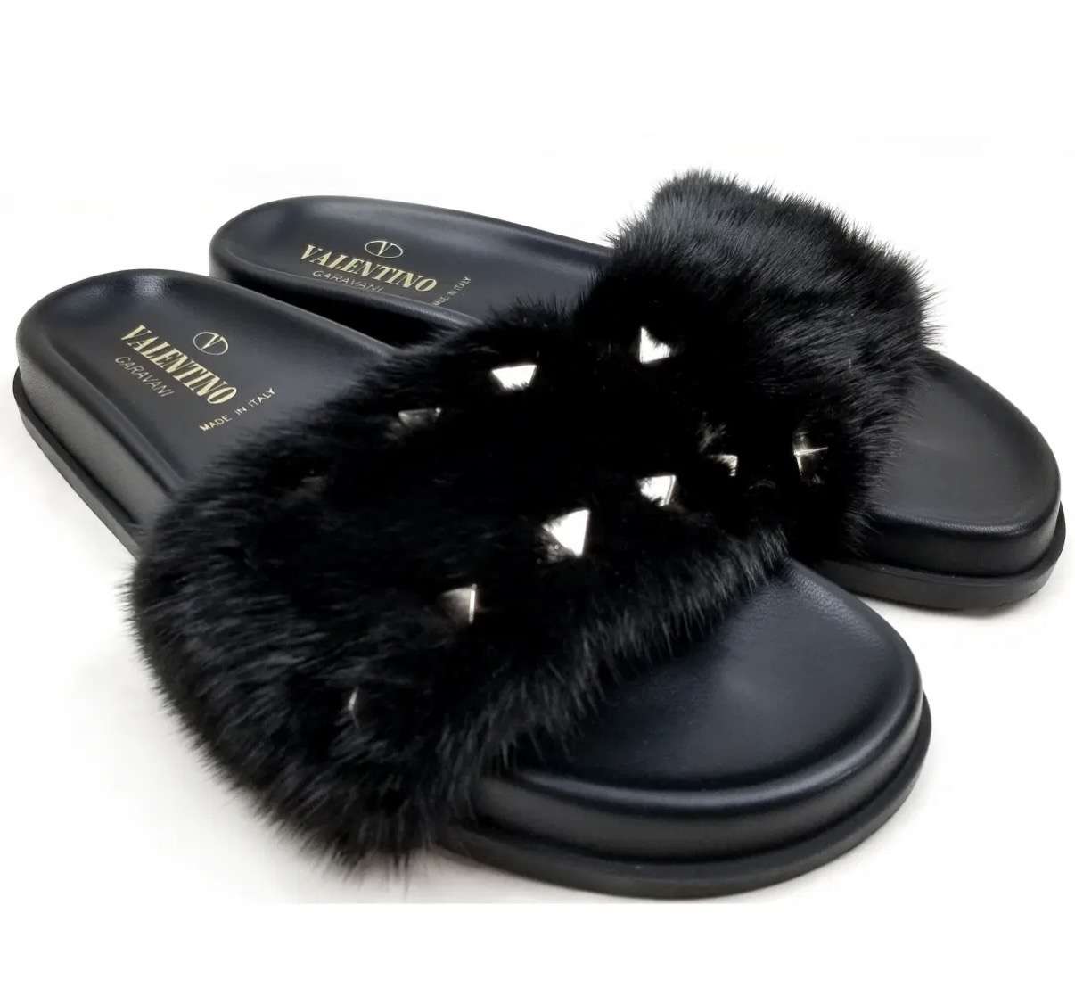 Valentino Black Fur Rockstud Flat Slides