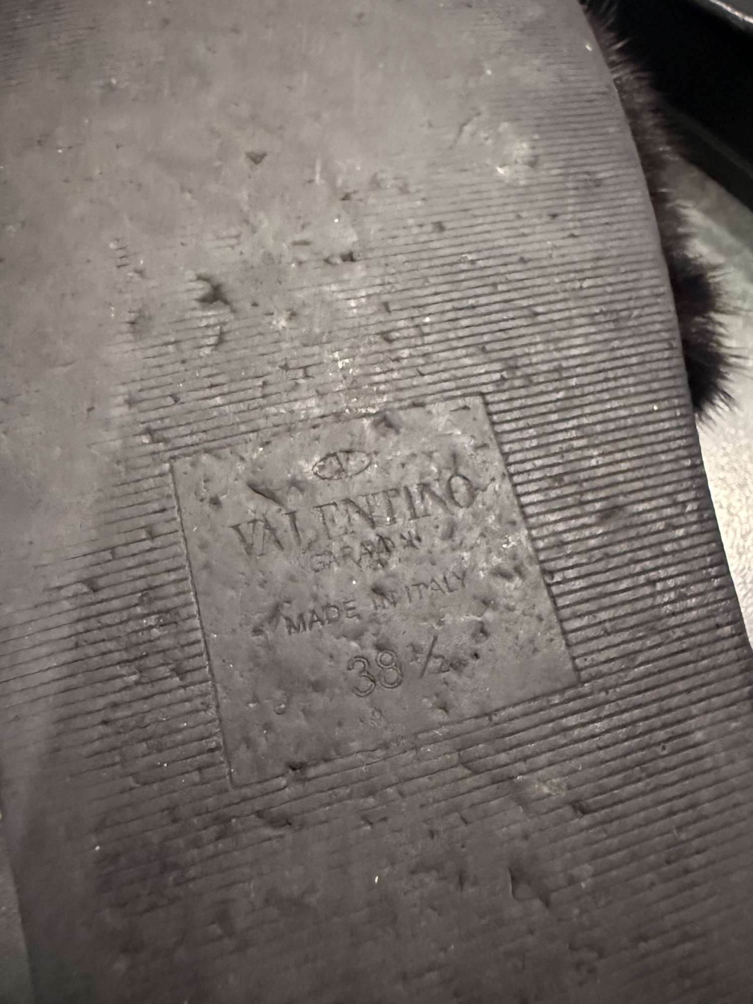 Valentino Black Fur Rockstud Flat Slides