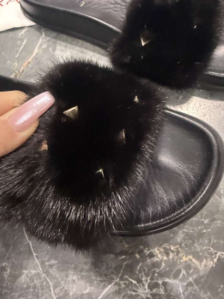 Valentino Black Fur Rockstud Flat Slides