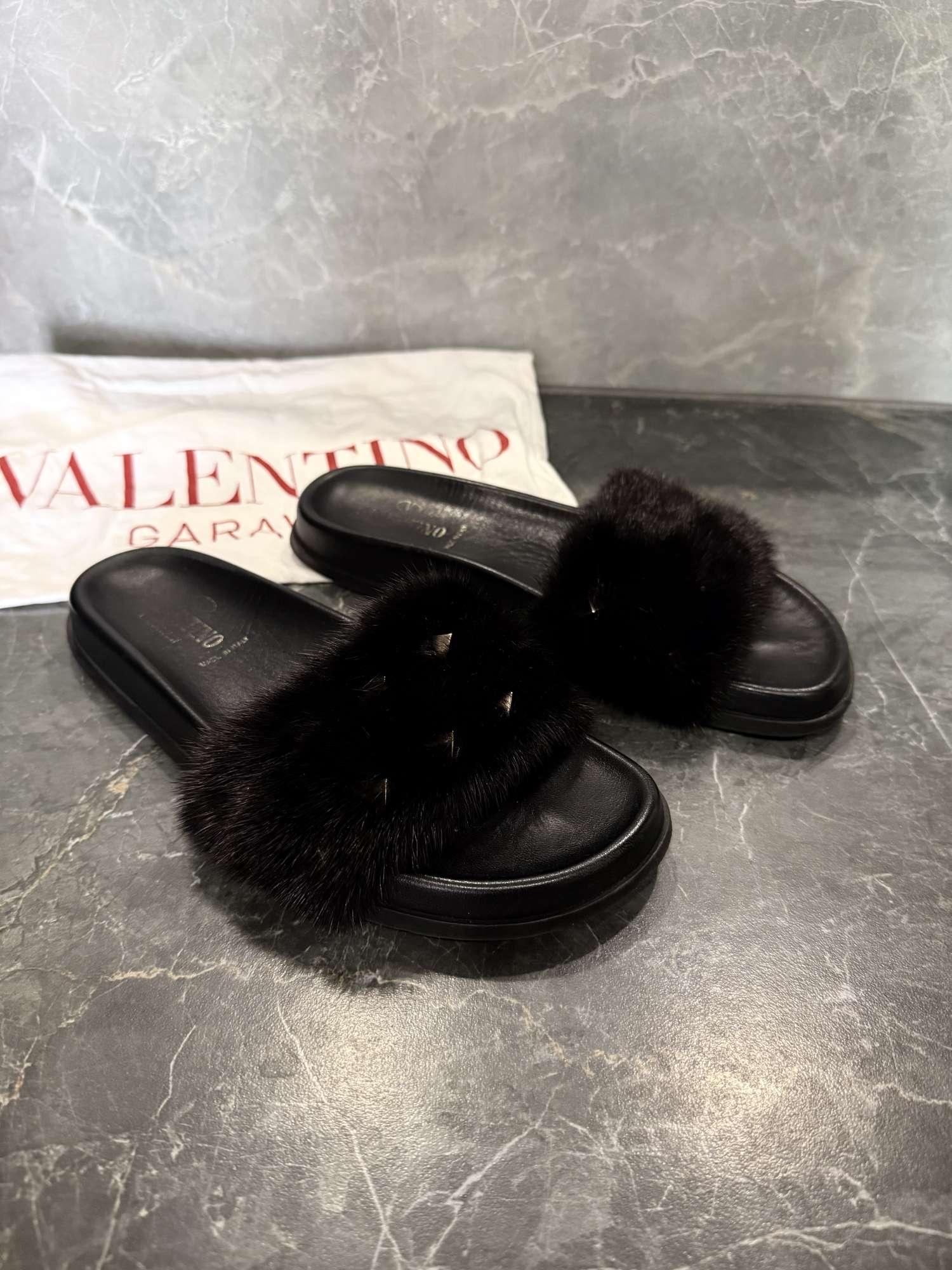 Valentino Black Fur Rockstud Flat Slides