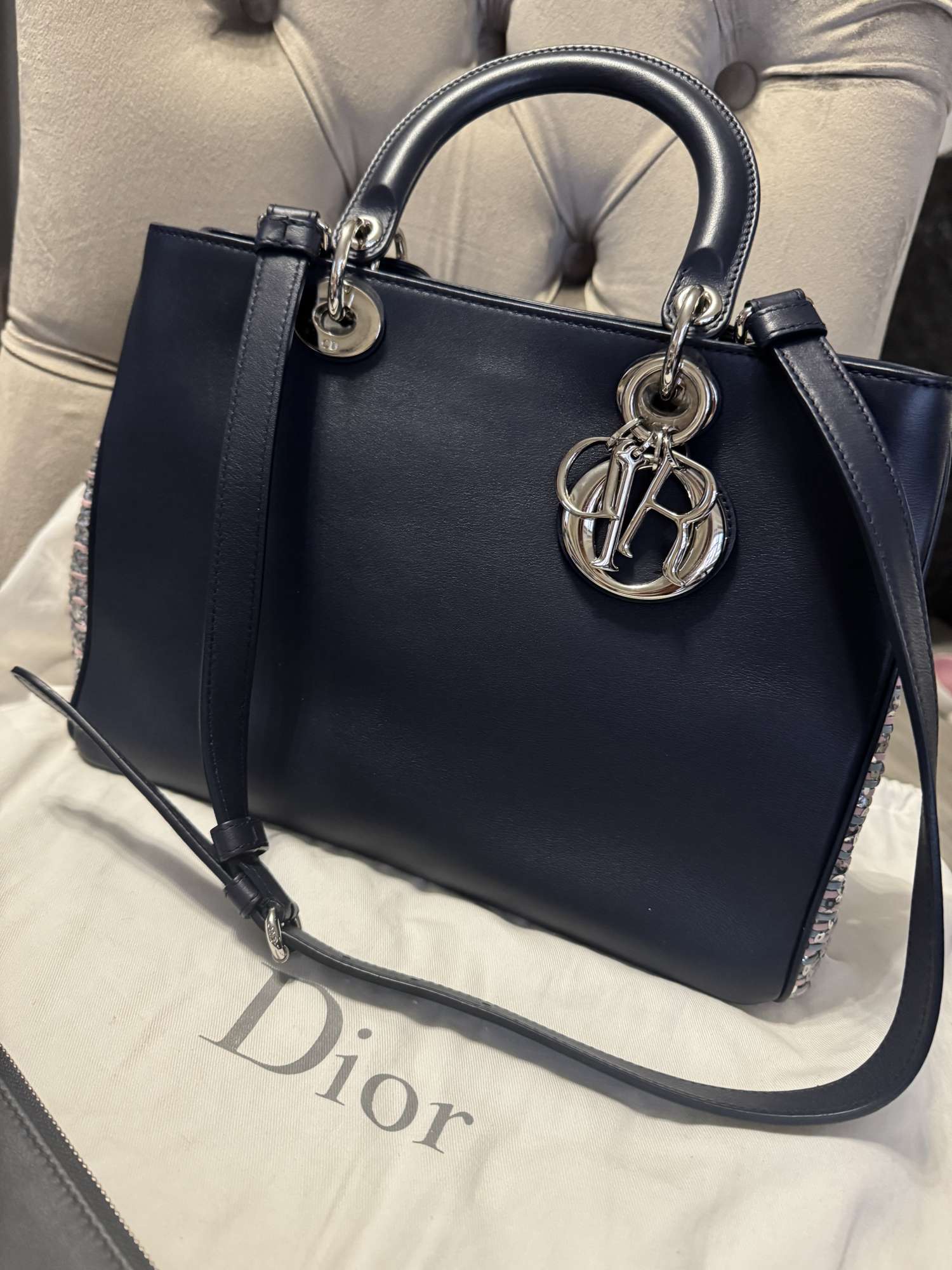 Dior Leather medium blue glitter handle