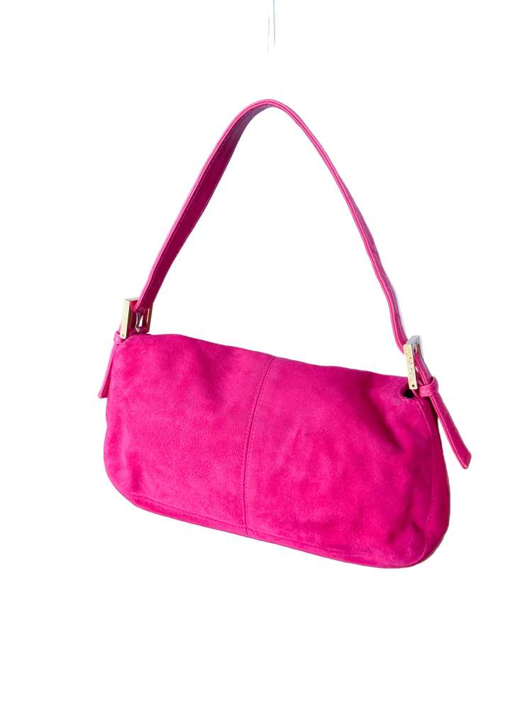 Fendi Vintage Hot Pink Suede Baguette Bag with Glitter FF Hardware