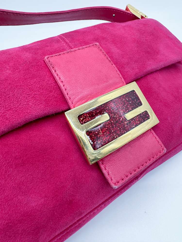 Fendi Vintage Hot Pink Suede Baguette Bag with Glitter FF Hardware