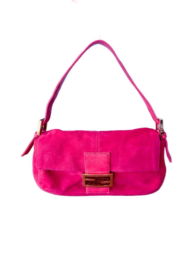 Fendi Vintage Hot Pink Suede Baguette Bag with Glitter FF Hardware