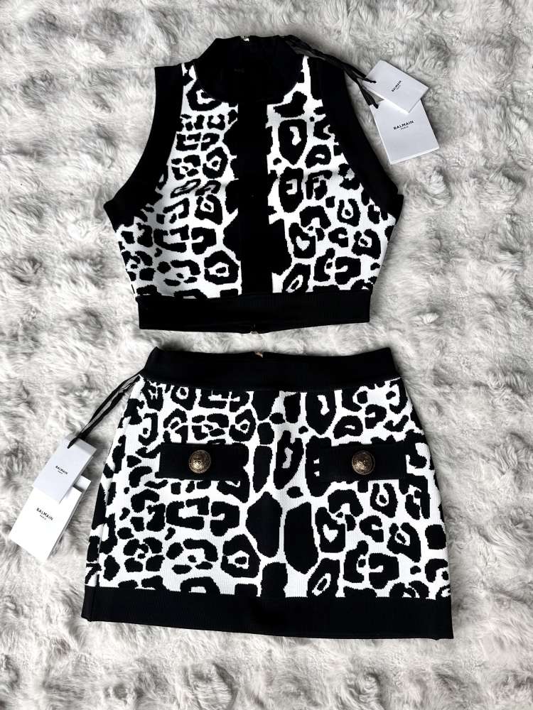 Balmain Leopard Jacquard Knit Crop Top & Mini Skirt Two-Piece Set