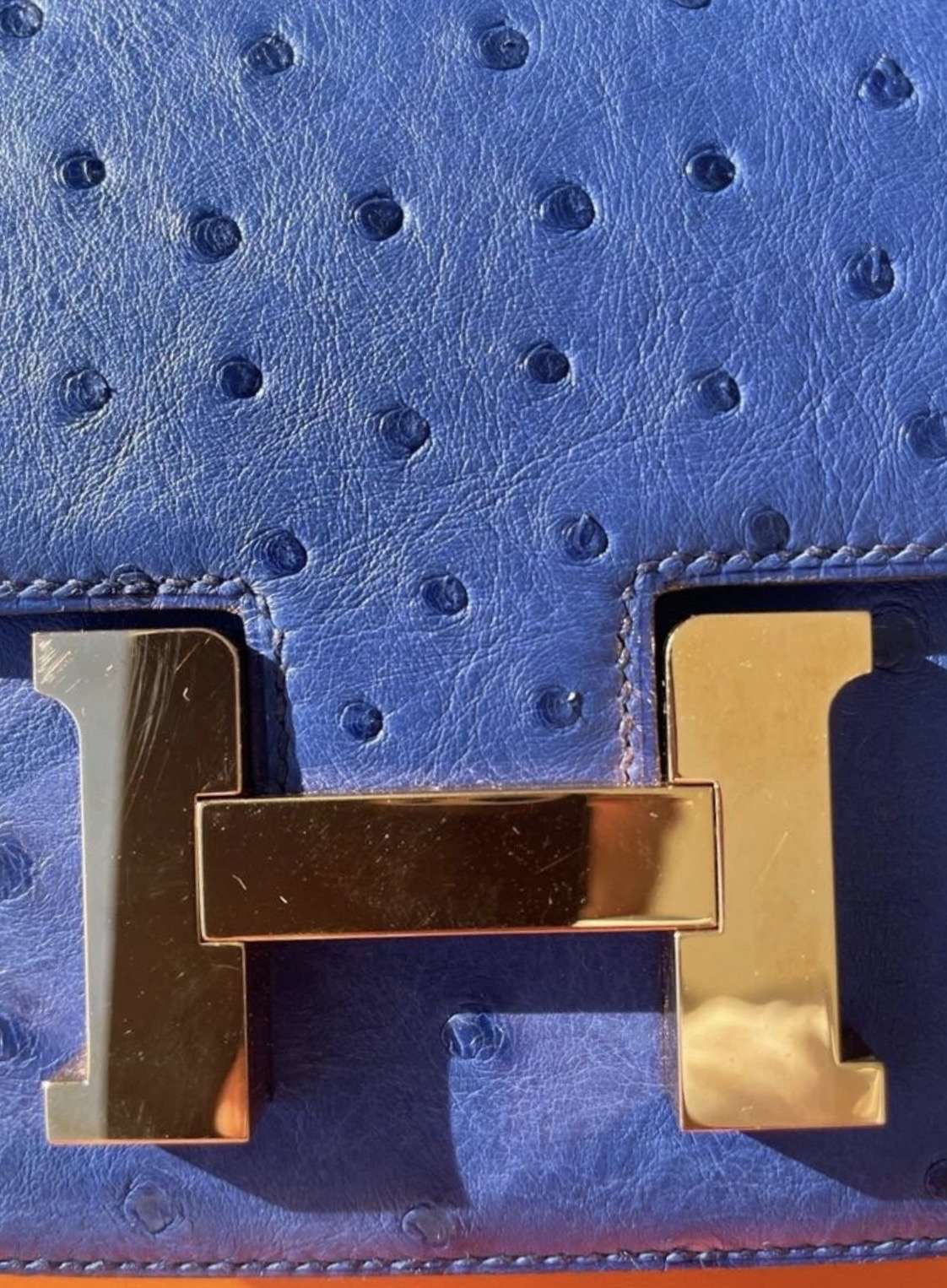 Hermès Constance 18 pštros Bleu Saphir Rose Gold