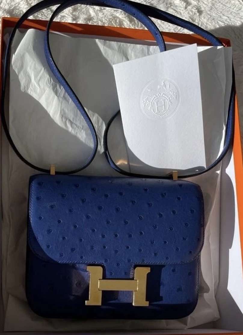 Hermès Constance 18 pštros Bleu Saphir Rose Gold