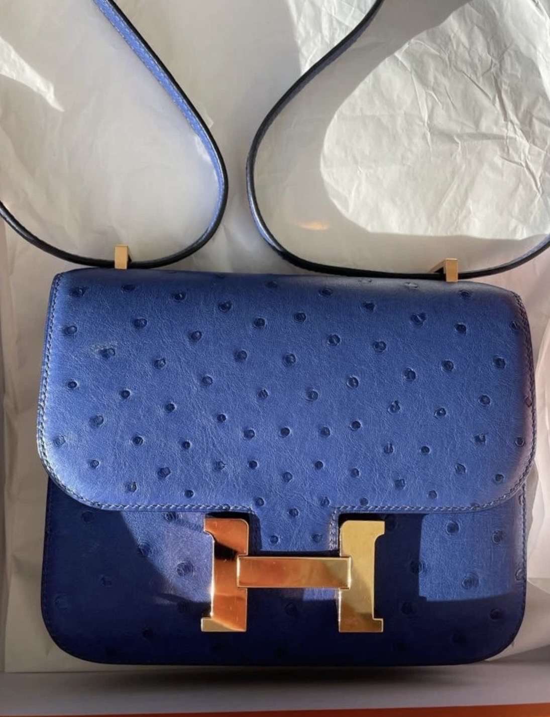 Hermès Constance 18 pštros Bleu Saphir Rose Gold
