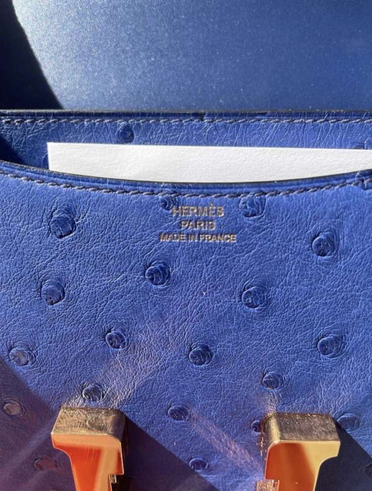 Hermès Constance 18 pštros Bleu Saphir Rose Gold